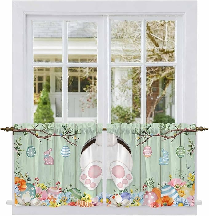 Easter Kitchen Tier Curtains 24 Inch Long 2 Panel Set,Rod Pocket Cafe Small Window Curtains Over Sink,Spring Watercolor Bunny Eggs Wooden Grain Green Light Filtering Short Drapes 27.5"W x 24"L