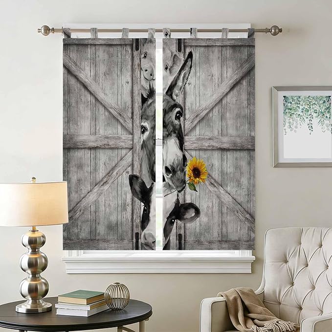 Funny Farm Animals Bathroom Curtains 63 Inch Length, Window Curtains Tab Top, Vintage Barn Grey Sunflowers Light Filtering Window Treatments Drapes 52"x63" 2 Panel