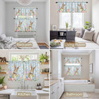 Kitchen Curtains Tiers and Valance Set of 3, Easter Light Filtering Window Curtain Set, Spring Rabbit Eggs Seasonal Flowers Blue Lattice Rod Pocket Curtain Drapes for Living Room, 36 Inches Tiers