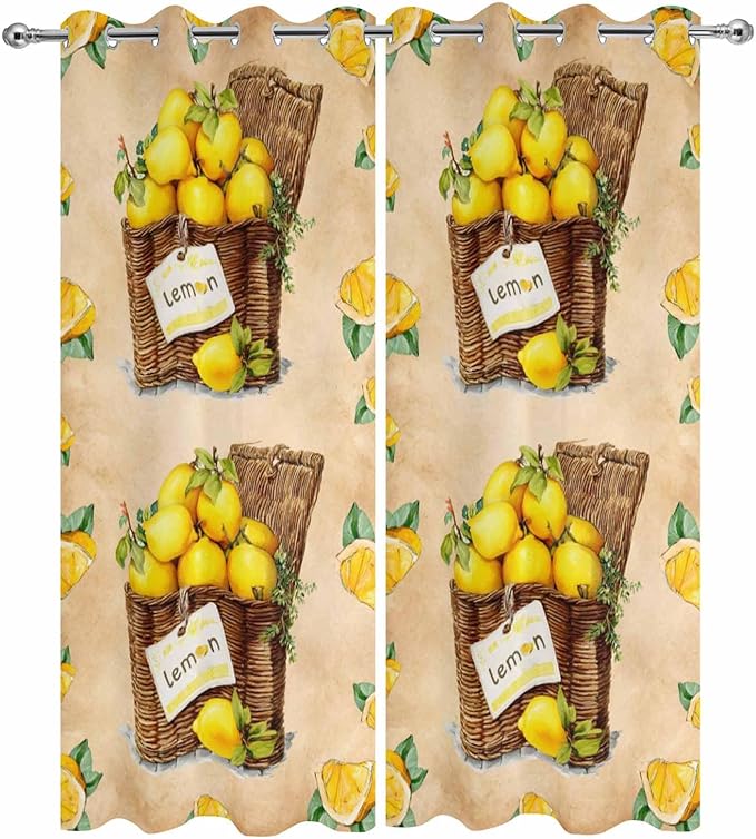 Lemon Outdoor Curtains for Patio Lemons in Baskets Summer Tropical Plant Brown Waterproof Outside Curtains with Grommet Top Weatherproof Curtain for Cabana Pergola Gazebo, 2 Pack, 54" W x 108" L