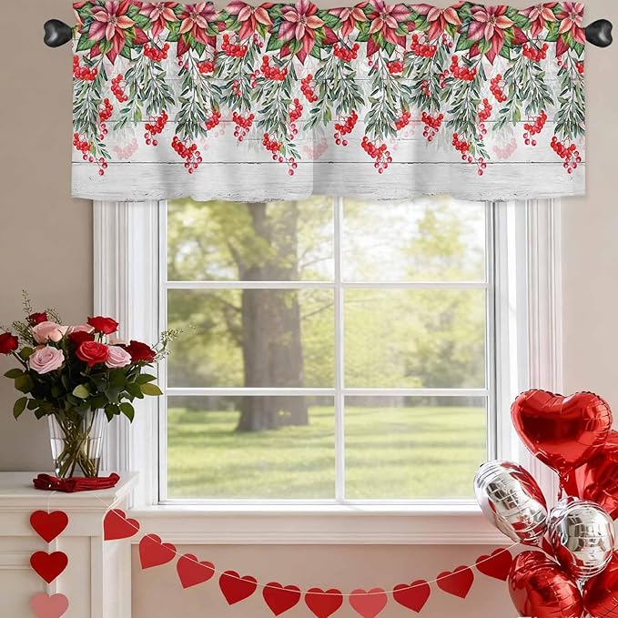 Poinsettia Berry Valance Curtains for Kitchen, Red Floral Winter Plants Vintage Wood Grain Privacy Rod Pocket Valance Curtain, Light-Filtering Window Treatment for Bedroom Bathroom, 42"x12"