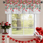 Poinsettia Berry Valance Curtains for Kitchen, Red Floral Winter Plants Vintage Wood Grain Privacy Rod Pocket Valance Curtain, Light-Filtering Window Treatment for Bedroom Bathroom, 42"x12"