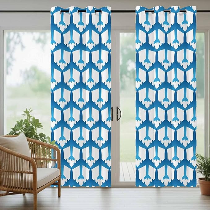 Blue Aircraft Waterproof Outdoor Curtains for Patio, Windproof Weatherproof Curtains with Weighted Hem, Modern Abstract Art Gradient Airplane Light Filtering Privacy Drapes for Porch 54"x 84" 2 Panels