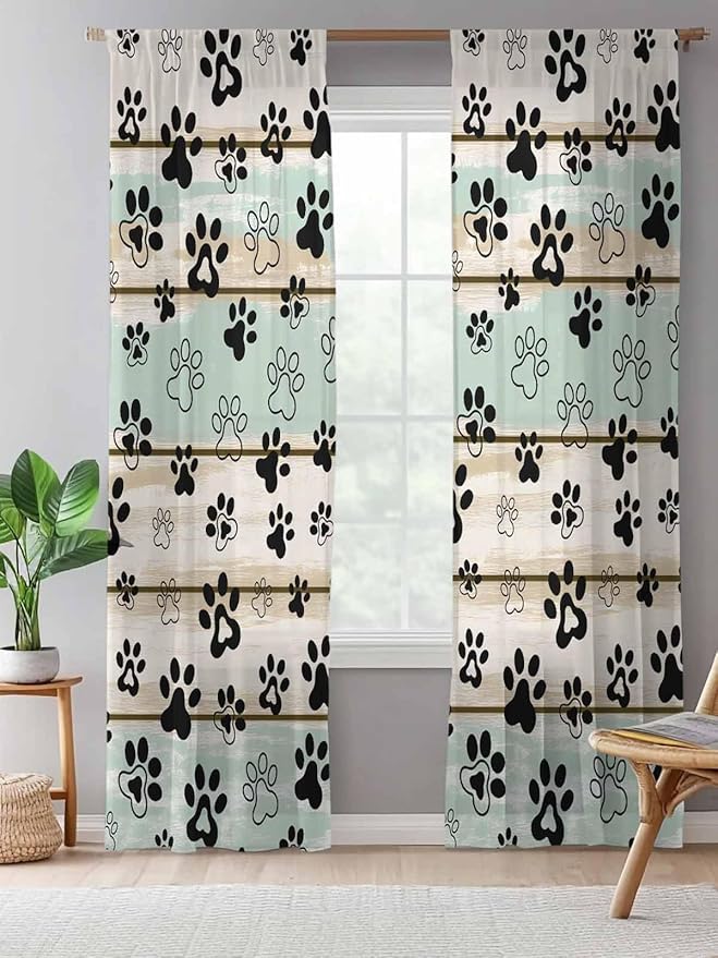 Sheer Curtains 84 Inches Long, Sage Green Beige Farmhouse Semi Sheer Curtains Light Filtering Window Treatment, Black Dog Paw Vintage Wooden Privacy Voile Drapes for Living Room Bedroom 52x84 Inch