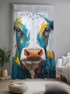 Sheer Curtains 84 Inches Long, Rustic Cow Semi Sheer Curtains Light Filtering Window Treatment, Vintage Colorful Animals Art Wooden Grain Privacy Voile Drapes for Living Room Bedroom 52x84 Inch
