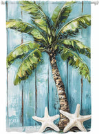 Sheer Curtains 63 Inch Length, Coastal Beach Starfish Semi Sheer Curtains Light Filtering Window Treatment, Blue Green Tropical Palm Tree Wood Grain Privacy Voile Drapes for Living Room 52x63 Inch