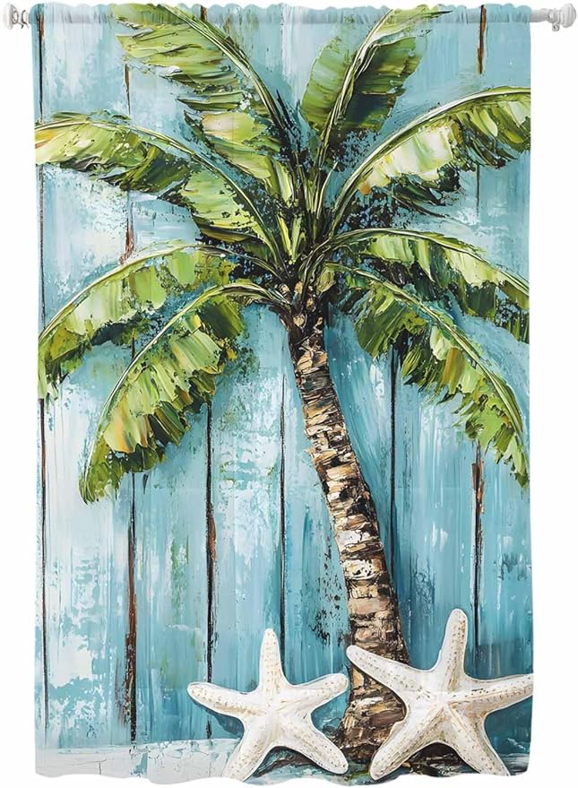Sheer Curtains 63 Inch Length, Coastal Beach Starfish Semi Sheer Curtains Light Filtering Window Treatment, Blue Green Tropical Palm Tree Wood Grain Privacy Voile Drapes for Living Room 52x63 Inch