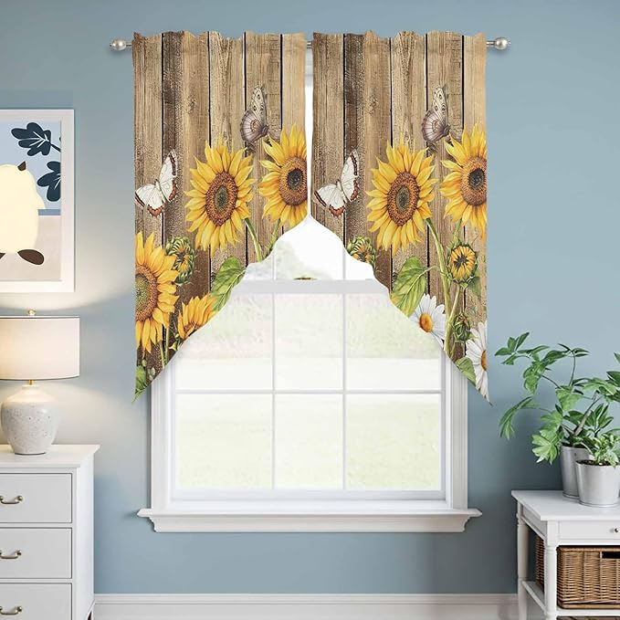 Farmhouse Sunflowers Swag Valances for Windows, Rustic Floral Buttterfly Wood Board Brown Rod Pocket Kitchen Curtains Valance, Small Window Curtains Swag for Cafe Living Room, 2 Panels, 28x36 inch