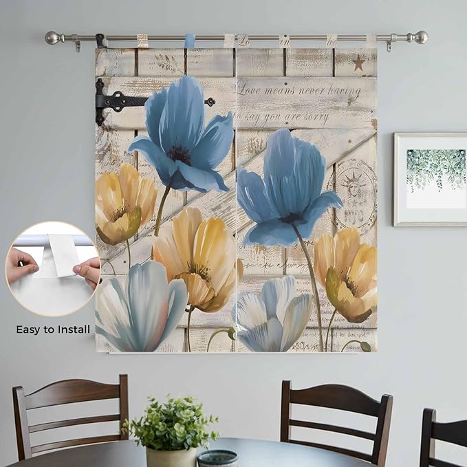 Blue Yellow Tulips Bedroom Curtains 72 Inch Length, Window Curtains Tab Top, Retro Farmhouse Flower Barn Doors Wooden Light Filtering Window Treatments Drapes 52"x72" 2 Panel
