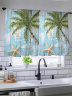 Sheer Curtains 45 Inch Length, Coastal Beach Blue Semi Sheer Curtains Light Filtering Window Treatment, Tropical Coconut Tree Vintage Wood Grain Privacy Voile Drapes for Living Room Bedroom 52x45 Inch