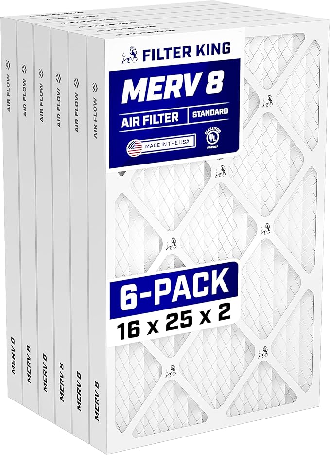 Filter King 16x25x2 Air Filter | 6-PACK | MERV 8 HVAC Pleated A/C Furnace Filters | MADE IN USA | Actual Size: 15.5 x 24.5 x 1.75"