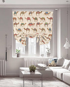 Tie Up Curtains for Windows, Summer Camels Adjustable Balloon Nature Linen Textured Kitchen Curtain, Farmhouse Retro Cartoon Desert Animals Room Darkening Curtains for Glass Door, 42 x 45 in