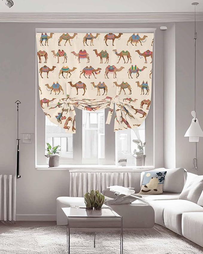Tie Up Curtains for Windows, Summer Camels Adjustable Balloon Nature Linen Textured Kitchen Curtain, Farmhouse Retro Cartoon Desert Animals Privacy Curtains Balloon Blind for Cafe, 42 x 63 Inches