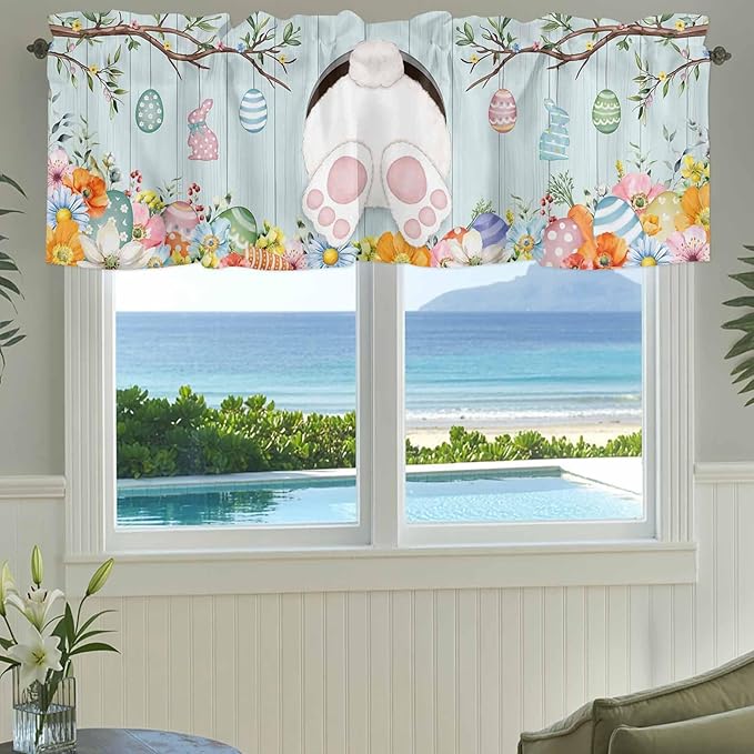 Easter Bunny Curtain Valances for Windows, Kitchen Valance Window Treatment, Easter Eggs Spring Farmhouse Wood Grain Teal Blue Light Filter Block Curtains for Bathroom/Bedroom/Living Room 42'' x 18''