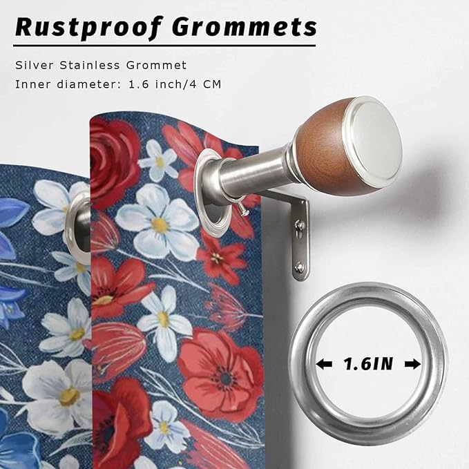 4th of July Outdoor Curtains for Patio Patriotic Flowers Farmhouse Red Waterproof Outside Curtains with Grommet Top Weatherproof Curtain for Cabana Pergola Gazebo, 1 Panel, 54" W x 84" L
