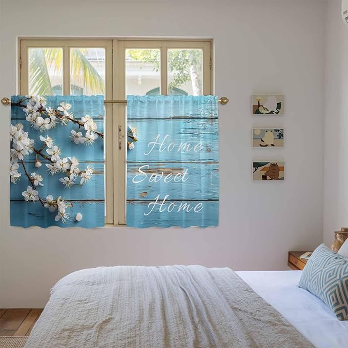 Farmhouse Wooden Grain Kitchen Curtains, Vintage Shabby Chic Flower Blue Light Filtering Window Curtain Panels, 2Pcs Rod Pocket Window Treatments Set for Study Room Bathroom Bedroom 52x54 Inches