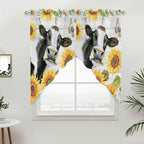 Retro Farmhouse Floral Swag Valances for Windows, Yellow Sunflowers Cows Butterfly Wood Rod Pocket Kitchen Curtains Valance, Small Window Curtains Swag for Cafe Living Room, 2 Panels, 36x36 inch