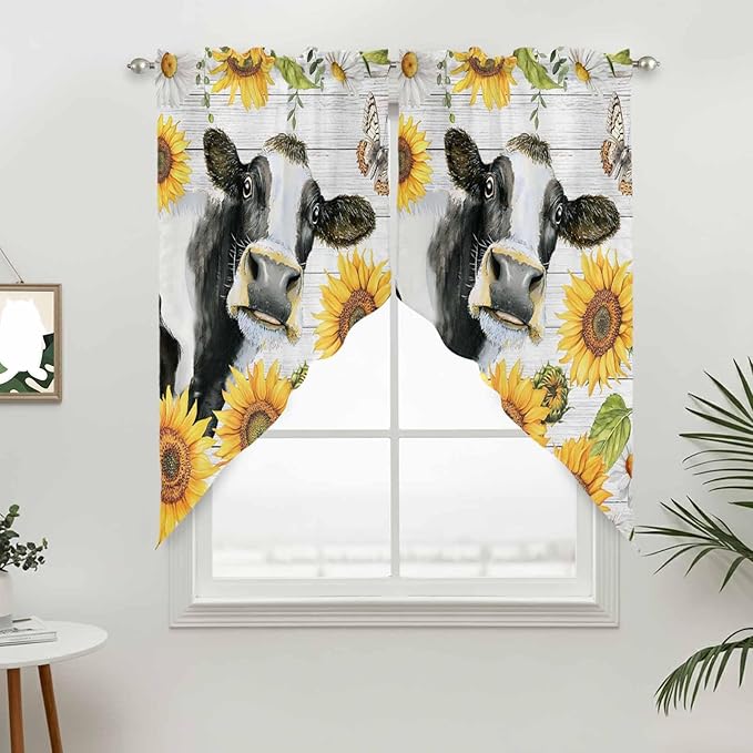 Retro Farmhouse Floral Swag Valances for Windows, Yellow Sunflowers Cows Butterfly Wood Rod Pocket Kitchen Curtains Valance, Small Window Curtains Swag for Cafe Living Room, 2 Panels, 28x36 inch