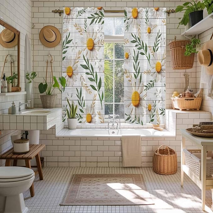 Spring Daisy Kitchen Curtains, Farmhouse Country Flower Leaf Plant Wood Grain Light Filtering Window Curtain Panels, 2Pcs Rod Pocket Window Treatments Set for Living Room Bathroom Bedroom 42x63 Inches