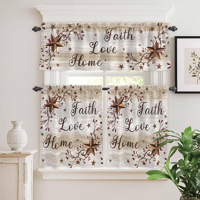 Kitchen Curtains Tiers and Valance Set of 3, Texas Star Brown Light Filtering Window Curtain Set, Farmhouse Retro Branches Wooden Grain Rod Pocket Curtain Drapes for Cafe, Living Room, 24 Inches Tiers
