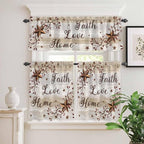 Kitchen Curtains Tiers and Valance Set of 3, Texas Star Brown Light Filtering Window Curtain Set, Farmhouse Retro Branches Wooden Grain Rod Pocket Curtain Drapes for Cafe, Living Room, 24 Inches Tiers