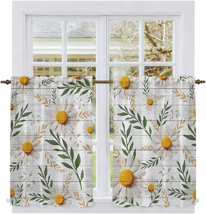 Spring Daisy Kitchen Curtains, Farmhouse Country Flower Leaf Plant Wood Grain Light Filtering Window Curtain Panels, 2Pcs Rod Pocket Window Treatments Set for Cabin Bathroom Bedroom 52x45 Inches