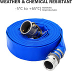 DAVCO 2" ID × 100 ft PVC Lay Flat Discharge Hose, Heavy Duty Reinforced Blue Pool Backwash Hoses For Swimming Drain Pools, with Aluminum Camlock C and E Fittings, Cam Lock Fitting Type F included