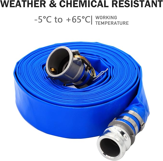 DAVCO 2" ID × 25 ft Pool Backwash Hose, Heavy Duty Reinforced Blue PVC Lay Flat Water Discharge Pump Hoses For Swimming Drain Pools and Clean Filters, with Aluminum Camlock C and E Fittings