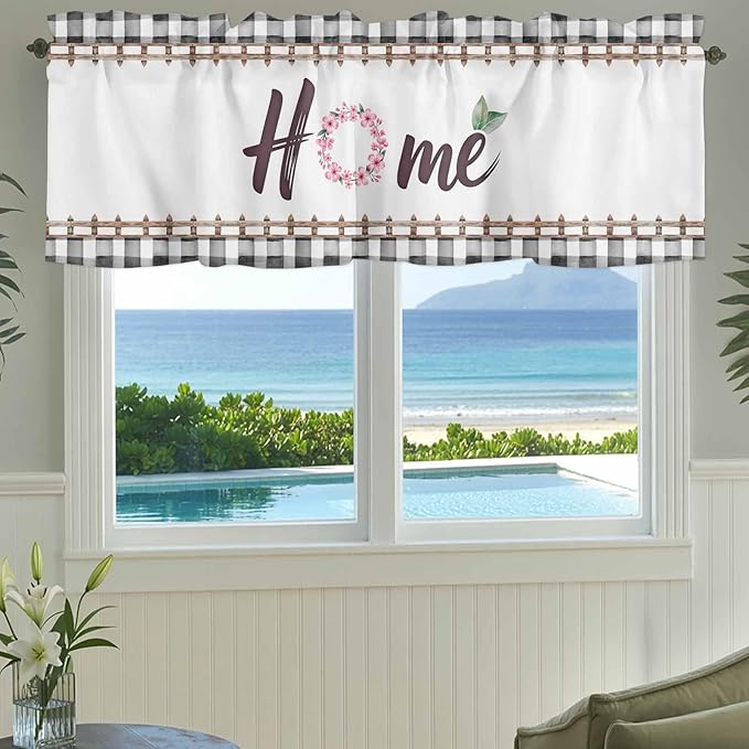 Spring Flowers Curtain Valances for Windows, Kitchen Valance Window Treatment, Watercolor Floral Leaf Black Plaid Light Filtering Block Curtains for Bathroom/Bedroom/Living Room 54'' x 18''
