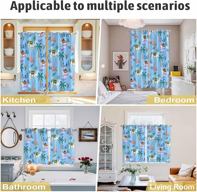 2 Panel Kitchen Cafe Curtains, Desert Landscape Sunlight Filtering Nature Air Through, Window Decor Tier Curtains for Living Room 104W x 90L inch Cute Camels Palm Trees Houses Leaves Blue