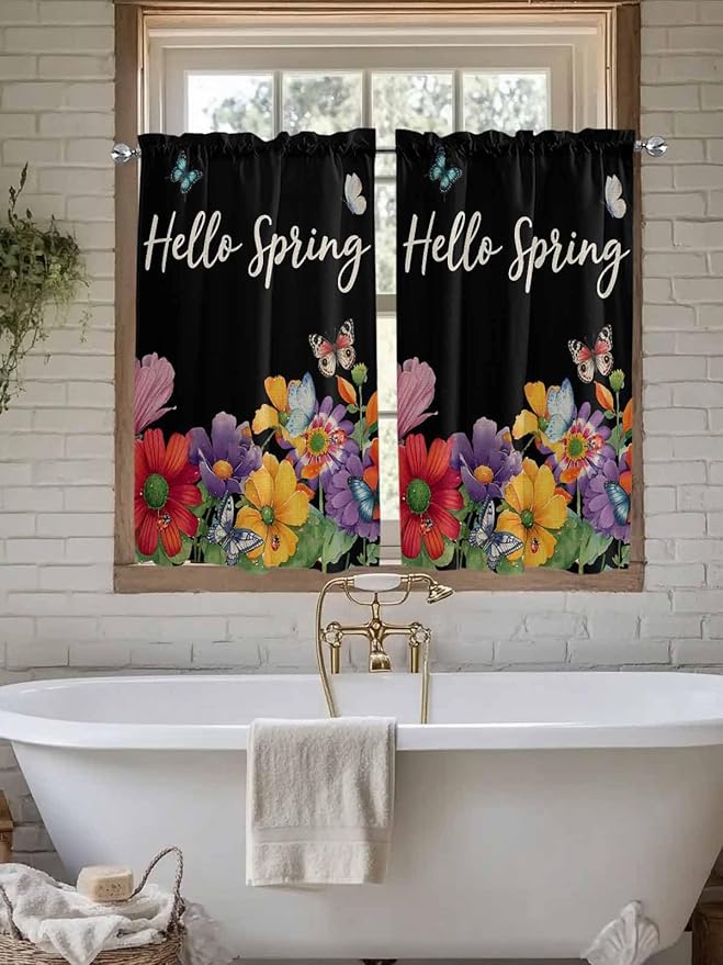Spring Flowers Kitchen Curtains 45 Inches length, Watercolor Country Colorful Floral Black Window Treatment Curtain Drapes, Lightweight Window Panels for Living Room Bedroom, 52"x45", 2 Panels