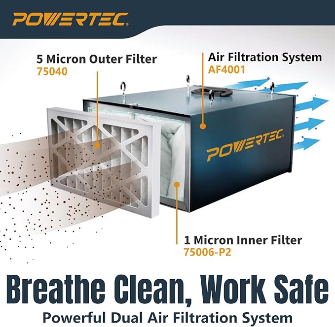 POWERTEC 1 Micron Inner Air Filter for WEN 3410, POWERTEC AF4000/AF4001, Shop Fox W1830 Air Filtration System, Replacement for WEN 90243-026-2 Woodworking Air Filters for Workshop & Garage, 2PK