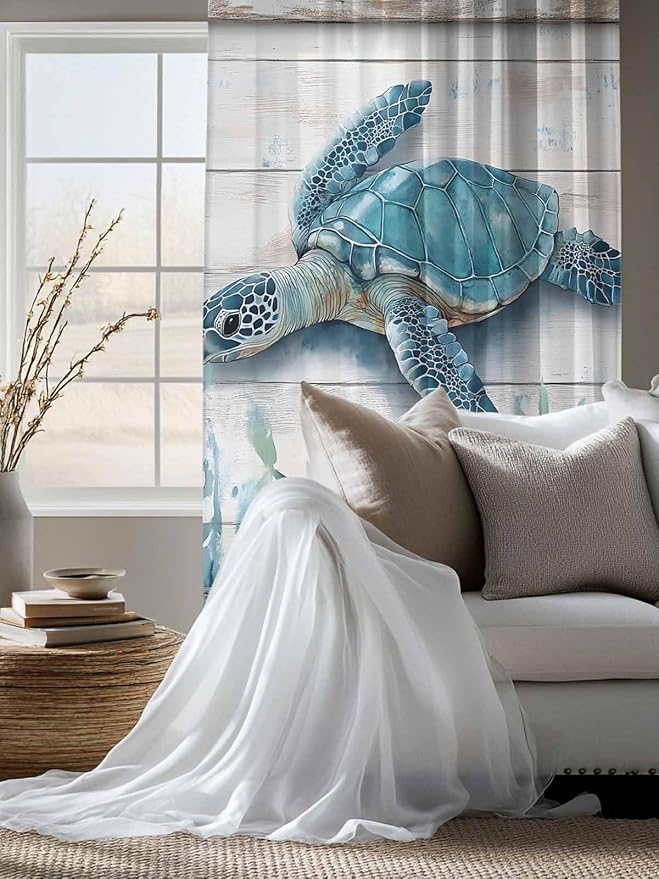 Sheer Curtains 63 Inch Length, Teal Green Sea Turtle Semi Sheer Curtains Light Filtering Window Treatment, Summer Ocean Seaweed Wood Grain Privacy Voile Drapes for Living Room Bedroom 52x63 Inch