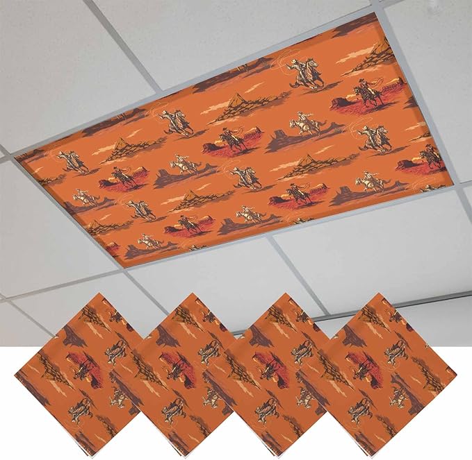 Cowboys Horses 4 Pcs Fluorescent Light Covers 4 x 2 Feet, Desert Ethnic Winds Orange Background Covers for Ceiling Lights Magnetic Light Cloth Filter for Classroom Office Home