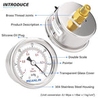 MEANLIN MEASURE -30inHG~0Psi Vacuum Gauge Stainless Steel 1/8" NPT 2" FACE DIAL Waterproof for Air Compressor HVAC Negative Pressure Hand Pump Pool Back Mount with 1/4" NPT and 3/8" NPT Hex Bushing