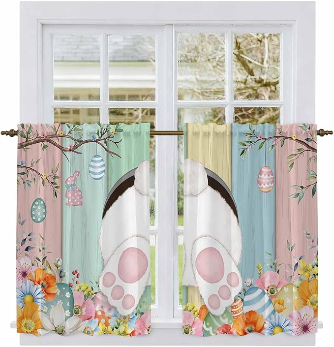 Easter Kitchen Curtains 45 Inch Long 2 Panel Set, Rod Pocket Window Treatment, Spring Colorful Bunny Eggs Flower Wood Grain Light Filtering Short Curtains & Drapes for Bathroom Laundry 52"W x 45"L