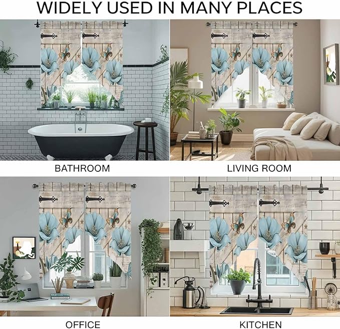 Teal Blue Tulips Swag Valances for Windows, Spring Floral Barn Doors Vintage Wood Beige Rod Pocket Kitchen Curtains Valance, Kitchen Window Curtains Swag for Cafe Living Room, 2 Panels, 36x63 inch