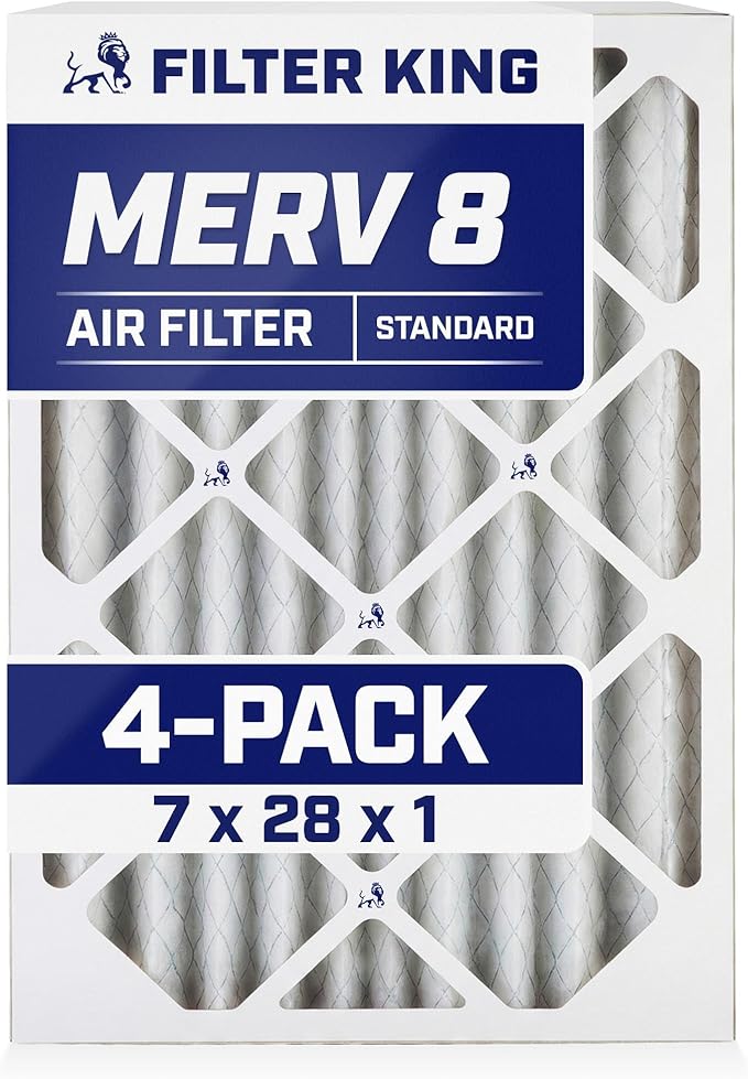 Filter King 7x28x1 Air Filter | 4-PACK | MERV 8 HVAC Pleated A/C Furnace Filters | MADE IN USA | Actual Size: 7 x 28 x .75"