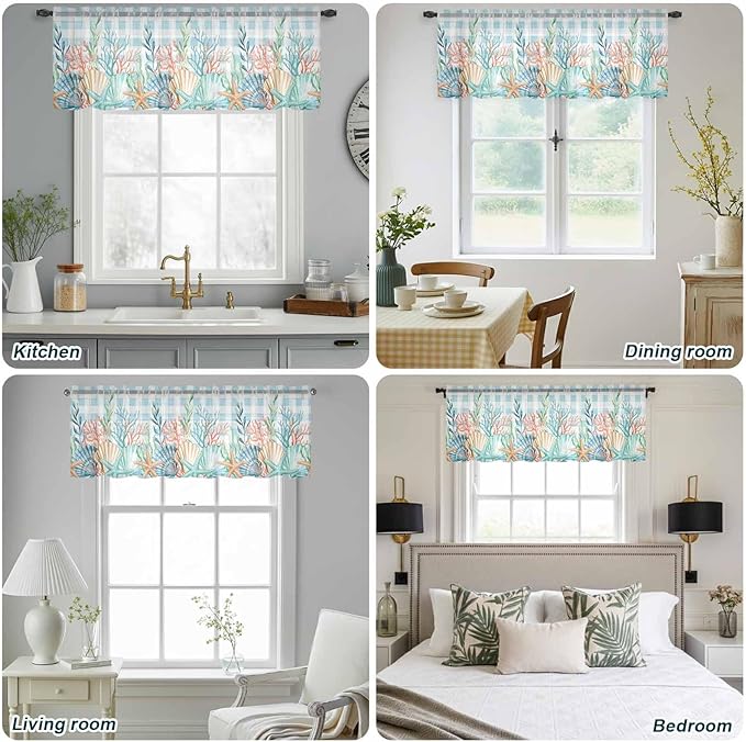 Summer Beach Sheer Valance Curtains, Ocean Colorful Coral Shell Seaweed Starfish Blue Plaid Light Filtering Kitchen Valances Rod Pocket Voile Curtain Treatment for Bedroom/Living Room/Basement 42Wx12L