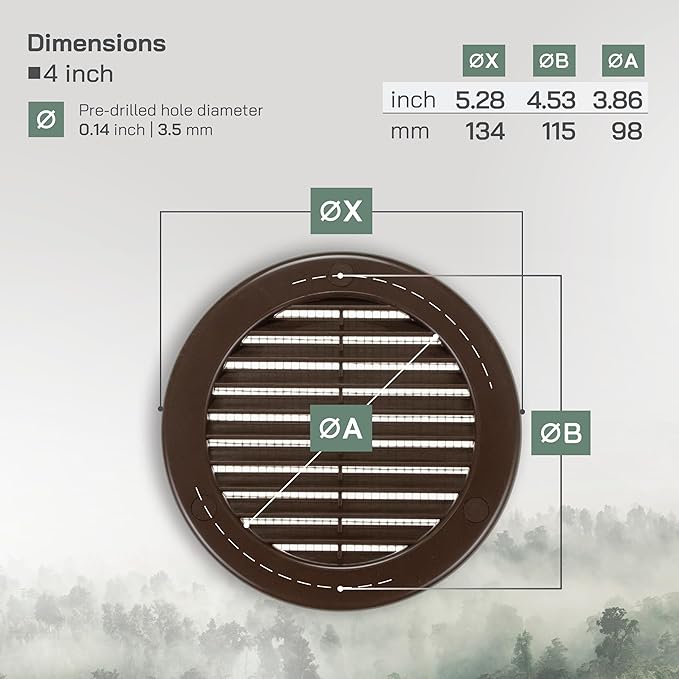 Vent Systems 4" Inch (Opening Dimensions) - Pack of 5 - Brown Soffit Vent Cover - Plastic Round Air Vent Grille - Built-in Mesh Screen - HVAC Register Louver for Bathroom, Home, Kitchen