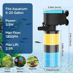 Aquarium Filter 3-Stage in-Tank Filter, Small Internal Fish Tank Filter, Submersible Pumps Filter for 5-20 Gallon Tanks, Turtle Tank Filter, with Dual Water Outlet & Aeration