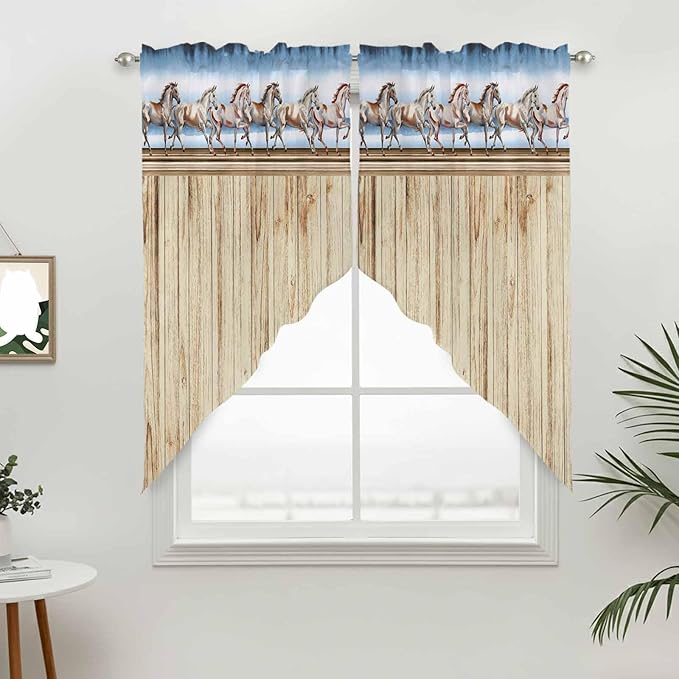 Western Horse Swag Valances for Windows, Farmhouse Wooden Grain Vintage Cowboy Barn Door Rod Pocket Kitchen Curtains Valance, Kitchen Window Curtains Swag for Cafe Living Room, 2 Panels, 36x63 inch
