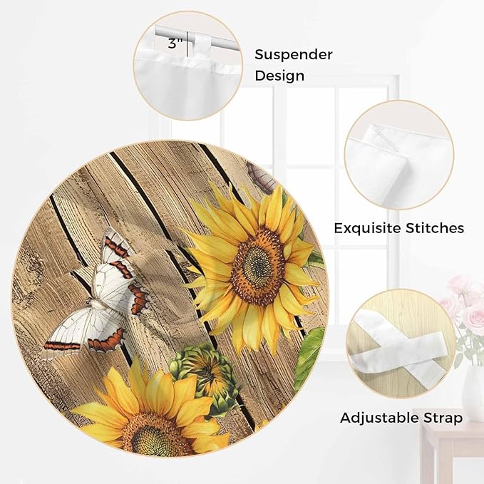 Farmhouse Sunflowers Bathroom Curtains 63 Inch Length, Window Curtains Tab Top, Rustic Floral Buttterfly Wood Board Brown Light Filtering Window Treatments Drapes 52"x63" 2 Panel