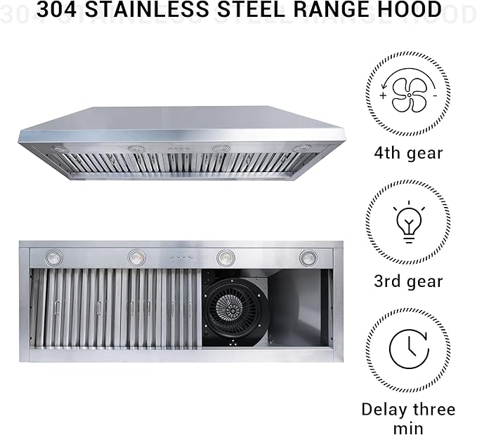 CHETTO C Stainless Steel Range Hood Cover with 4-Speed Vent Hood Insert Custom Handmade Metal Kitchen Fan with Towel Rack LED Light 42"W x21"D x48"H Black Wall Mount
