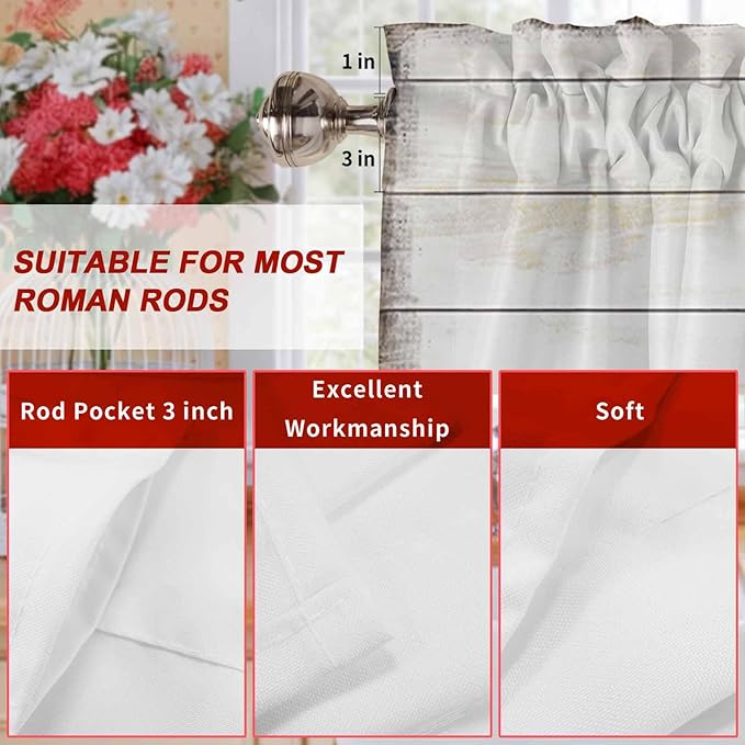 Happy Valentine's Valance Curtains for Kitchen, Day Gnomes Love Heart on Rustic Wood Grain Privacy Rod Pocket Valance Curtain, Light-Filtering Window Treatment for Bedroom Bathroom, 42"x12"