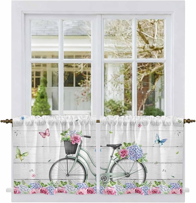 Spring Tier Curtains, Bicycles Botanical Rose Leaves Butterfly Wood Grain Light Filtering Kitchen Curtains, 2Pcs Rod Pocket Half Window Treatments Panels for Sink Cafe Cabinet Camper 27.5x36 Inches