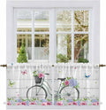 Spring Tier Curtains, Bicycles Botanical Rose Leaves Butterfly Wood Grain Light Filtering Kitchen Curtains, 2Pcs Rod Pocket Half Window Treatments Panels for Sink Cafe Cabinet Camper 27.5x36 Inches