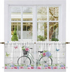 Spring Tier Curtains, Bicycles Botanical Rose Leaves Butterfly Wood Grain Light Filtering Kitchen Curtains, 2Pcs Rod Pocket Half Window Treatments Panels for Sink Cafe Cabinet Camper 27.5x36 Inches