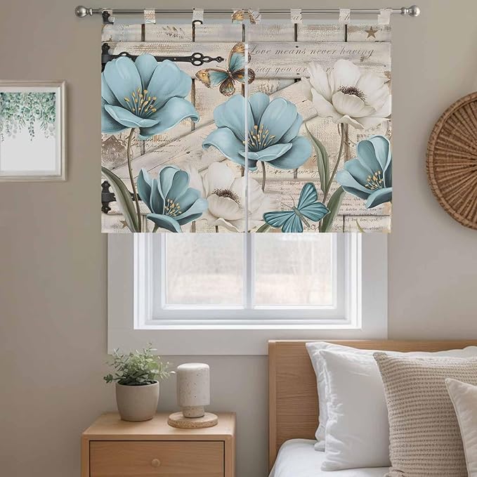 Teal Blue Tulips Kitchen Curtains 45 Inch Length, Short Cafe Window Curtains Tab Top, Spring Floral Barn Doors Vintage Wood Beige Light Filtering Window Treatments Tier Drapes 27.5"x45" 2 Panel