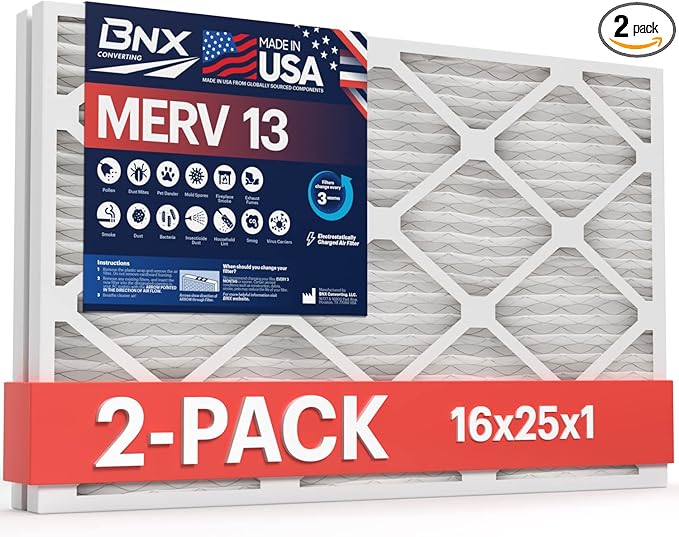 BNX TruFilter 16x25x1 MERV 13 (2-Pack) AC Furnace Air Filter - MADE IN USA - Electrostatic Pleated Air Conditioner HVAC AC Furnace Filters - Removes Pollen, Mold, Bacteria, Smoke